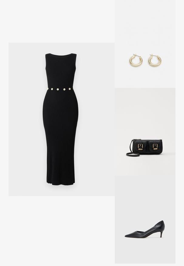 Czarna, prążkowana sukienka o dopasowanym kroju, bez rękawów, z paskiem z złotymi guzikami w talii. Gładka tekstura, długość do kostek.; Czarny skórzany czółenek z szpiczastym noskiem i niskim obcasem. Charakteryzuje się gładką fakturą i subtelnym połyskiem. Przód z wycięciem dla dodatkowego detalu.; Czarna skórzana torba na ramię z dwoma przednimi kieszeniami, złotymi klamrami, zamkiem błyskawicznym i cienkim paskiem. Teksturowana powierzchnia i kompaktowy prostokątny kształt.; Lauren Ralph Lauren BASIC SMALL HOOP - Kolczyki