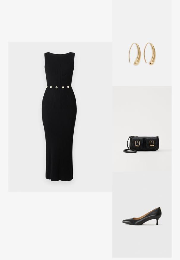 Schwarzes, geripptes Kleid mit figurbetontem Schnitt, ärmellosem Design und einem goldknopfverschlossenen Gürtel in der Taille. Glatte Textur und Knöchellänge.; Schwarzer Lederpumps mit spitzem Zehenbereich, niedrigem Absatz und glatter Textur. Verfügt über eine leichte Öffnung an der Vorderseite und minimale Beschläge an der Rückseite.; Schwarze Leder-Umhängetasche mit zwei vorderen Taschen, goldenen Schnallen, Reißverschluss und einem schmalen Tragegurt. Texturierte Oberfläche und kompakte rechteckige Form.; Goldfarbene Metall-Hoops mit einer geschwungenen, länglichen Form. Sie verfügen über eine glatte, glänzende Oberfläche und eine abgerundete Spitze für zusätzliche Details.