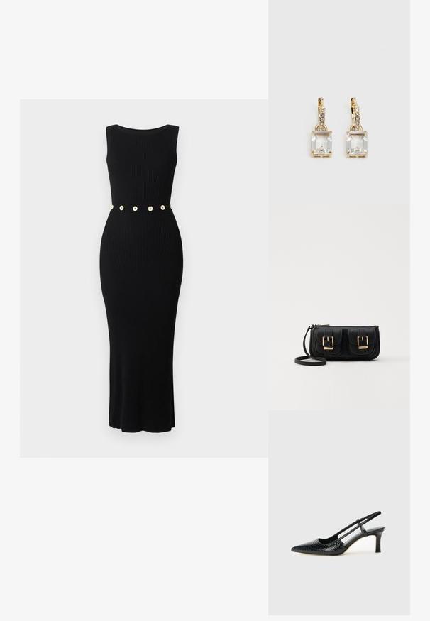 Robe noire côtelée à la coupe près du corps, sans manches, avec une ceinture à boutons dorés à la taille. Texture lisse et longueur chevilles.; Escarpin slingback en vernis noir avec un bout pointu, présentant un imprimé serpent texturé, une sangle réglable et un petit talon bloc texturé.; Sac en cuir noir porté en travers avec deux poches avant, boucles dorées, fermeture zippée et une sangle fine. Surface texturée et forme rectangulaire compacte.; Boucles d'oreilles en or lumineux avec un cristal rectangulaire transparent pendent sous une rangée de petits accents ronds transparents. Design élégant et moderne.