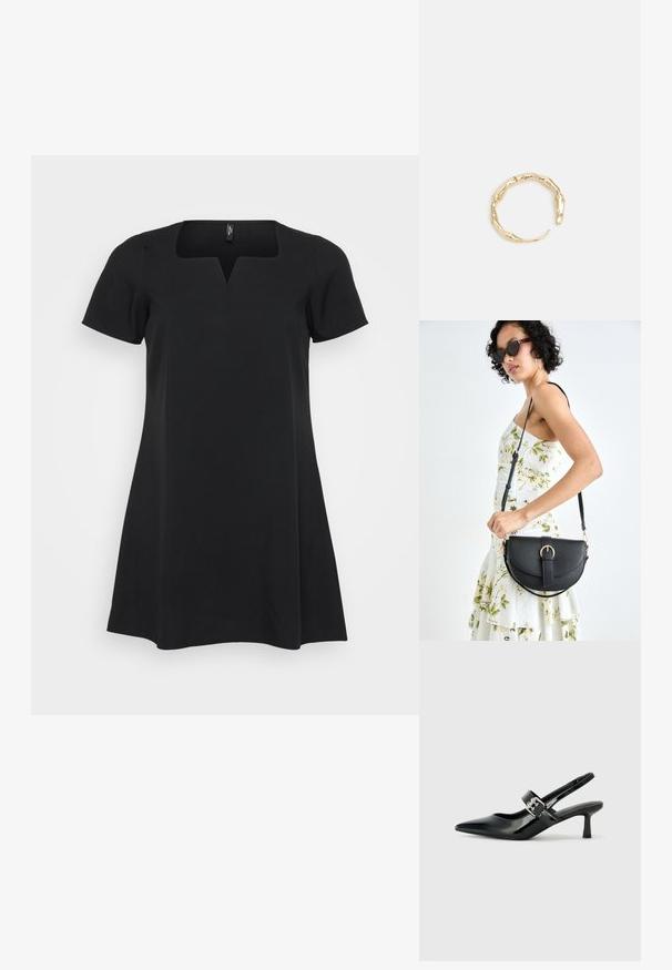 Svart klänning med korta ärmar, fyrkantig halsringning och A-linjeformad silhuett. Tillverkad av ett slätt tyg med en lätt lyster och utan synliga mönster.; Svarta patentläder slingback-klackar med spetsig tå och en liten blockklack, med en silvrig spänneaccent på remmen.; Svart läderhandväska med en böjd form, avtagbar rem och guldiga detaljer. Väskan har ett lock med en spänndetalj.; Ring i guldutförande med en organisk, vriden design, slät yta och avsmalnande ändar, vilket ger ett modernt, skulpturalt utseende.