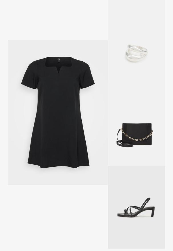Zwarte jurk met korte mouwen, vierkante halslijn en A-lijn silhouet. Gemaakt van een gladde stof met een lichte glans en zonder zichtbare patronen.; Zwarte sandaal met bandjes, vierkante teen en een lage blokhak. Voorzien van meerdere dunne bandjes en een verstelbare enkelband. Gemaakt van zacht leer.; Zwarte leren schoudertas met een gladde textuur, rechthoekige vorm en een metallic kettingdetail aan de voorkant. Verstelbare schouderband inbegrepen.; Zilveren dubbele ring met een gladde, gepolijste oppervlakte. Heeft een vloeiende, gebogen vorm met overlappende secties voor een moderne uitstraling.