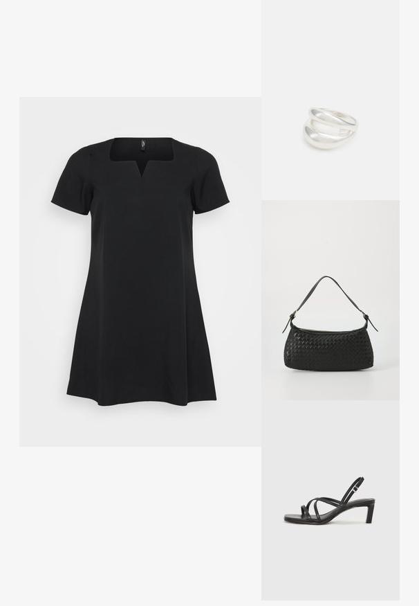 Schwarzes Kleid mit kurzen Ärmeln, quadratischem Ausschnitt und A-Linie. Hergestellt aus glattem Stoff, der einen leichten Glanz aufweist und keine sichtbaren Muster hat.; Schwarze Sandale mit Riemchen, quadratischer Zehenform und niedrigem Blockabsatz. Verfügt über mehrere dünne Riemen und einen verstellbaren Knöchelriemen. Hergestellt aus glattem Leder.; Schwarze geflochtene Schultertasche mit einem glatten Ledertragegurt und Reißverschluss. Verfügt über eine strukturierte Oberfläche und eine gebogene Form.; Silberner Doppelring mit einer glatten, polierten Oberfläche. Verfügt über ein fließendes, kurviges Design mit überlappenden Abschnitten für einen modernen Look.