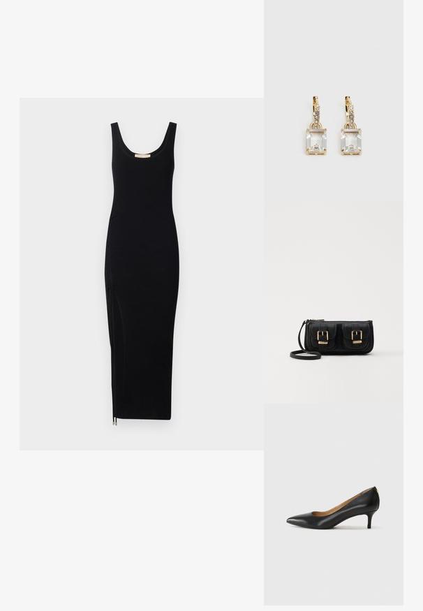 Robe sans manches noire à côtes avec encolure ronde et détail de fermeture éclair sur le côté ; silhouette ajustée, longueur genoux, fabriquée en tissu extensible.; Pompe noire en cuir avec un embout pointu, un petit talon et une texture lisse. Présente une légère ouverture à l'avant et un matériel minimal à l'arrière.; Sac en cuir noir porté en travers avec deux poches avant, boucles dorées, fermeture zippée et une sangle fine. Surface texturée et forme rectangulaire compacte.; Boucles d'oreilles en or lumineux avec un cristal rectangulaire transparent pendent sous une rangée de petits accents ronds transparents. Design élégant et moderne.