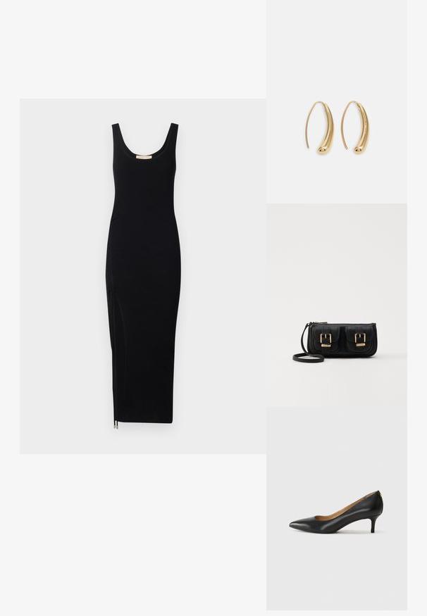 Černé žebrované šaty s tankovým střihom a kulatým výstřihem, s bočním zipem; přiléhavý silueta, délka po kolena, vyrobené z elastického materiálu.; Černé kožené lodičky s špičatou špičkou, nízkým podpatkem a hladkým povrchem. Mají mírné otevření vpředu a minimální kovové prvky na zadní straně.; Černá kožená crossbody taška se dvěma předními kapsami, zlatými přezkami, zipovým uzávěrem a štíhlým popruhem. Texturovaný povrch a kompaktní obdélníkový tvar.; Náušnice ve tvaru kruhu z pozlaceného kovu s vroubkovaným, prodlouženým tvarem. Mají hladký, lesklý povrch a zaoblený konec pro zvýraznění detailu.