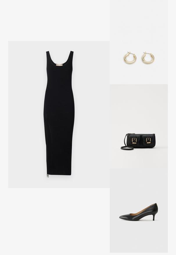 Črna rebrasta obleka brez rokavov z okroglim izrezom in stransko zadrgo; oprijet kroj, do kolen, izdelana iz elastičnega materiala.; Črne usnjene črpalke s koničastim nosom, nizko peto in gladko teksturo. Imajo rahlo odprtino spredaj in minimalno opremo zadaj.; Črna usnjena torbica čez ramo z dvema sprednjima žepoma, zlatimi zaponkami, zadrgo in ozkim pasom. Tekstura površine je strukturirana, obliko pa ima kompaktno pravokotno.; Lauren Ralph Lauren BASIC SMALL HOOP - Uhani - gold-coloured