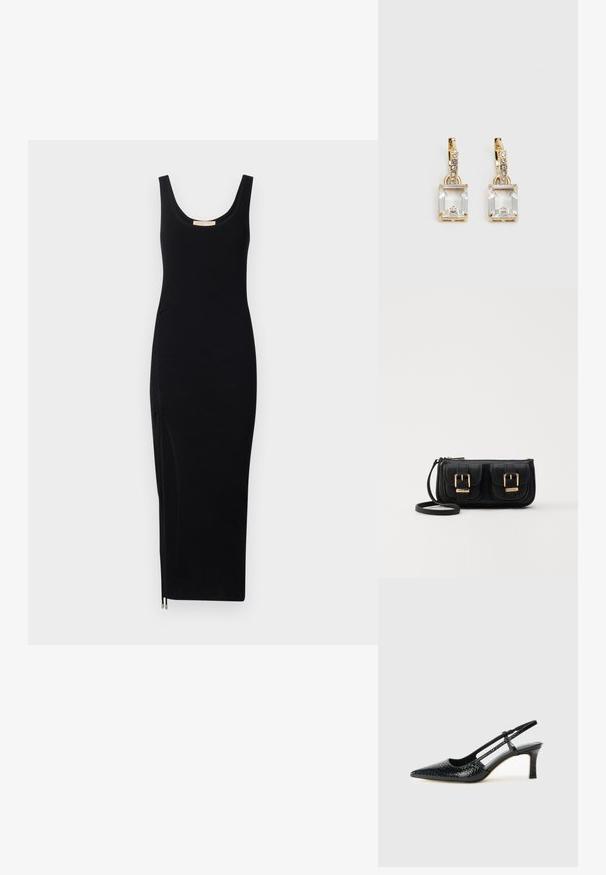 Must mustriga kleit ümmarguse dekoltee ja küljeta koti detailiga; keha lähedane siluett, põlvepikkune, valmistatud venivast kangast.; Mustmust paelad, millel on terav varvas, tekstuuriga maduprindiga, reguleeritav rihm ja lühike tekstuuriga plokknina.; Must küllastamata nahast õlakott, millel on kaks esist nähtavat taskut, kuldsed pandlad, tõmblukuga sulgemine ja peen rihm. Tekstuuriga pind ja kompaktne ristkülikukujuline kuju.; Kuldtooni kõrvarõngad, millel on ristkülikukujuline, selge kristall, mis ripub allapoole väikeste ümmarguste selgete aktsentide rida. Viimistletud, kaasaegne disain.