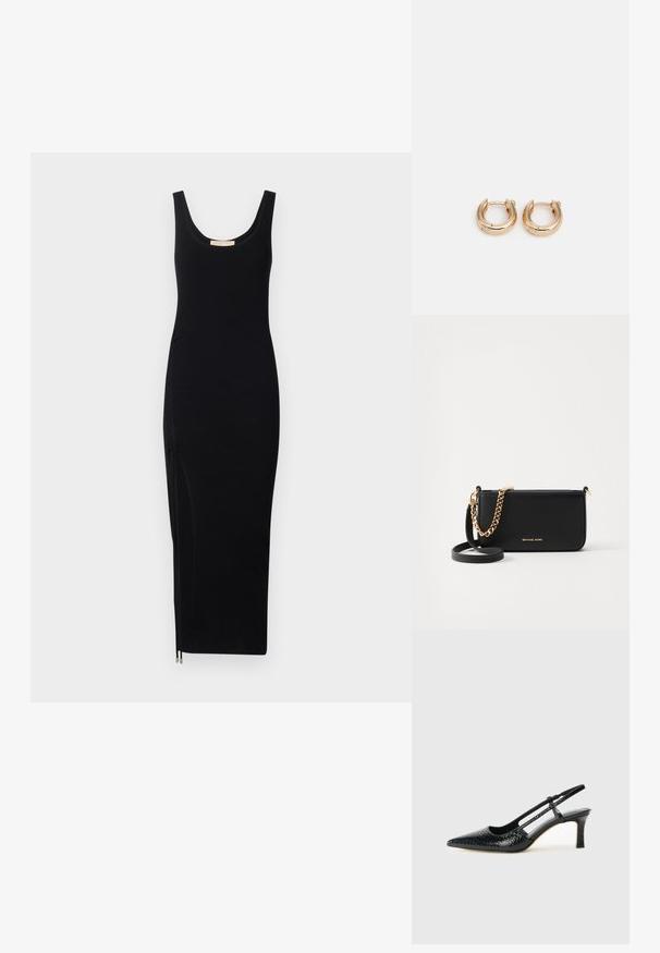 Czarna, żebrowana sukienka na ramiączkach z okrągłym dekoltem i bocznym zamkiem; dopasowany krój, do kolan, wykonana z elastycznego materiału.; Czarne lakierowane czółenka na obcasie typu slingback z wąskim noskiem, z teksturowanym wzorem wężowym, regulowanym paskiem oraz krótkim, teksturowanym obcasem w kształcie słupka.; Czarna skórzana kopertówka z złotym akcentem w postaci łańcucha, gładka faktura i złote detale z logo. Zawiera regulowany pasek dla większej wszechstronności.; Złote kolczyki w kształcie obręczy z wypolerowanym wykończeniem, charakteryzujące się grubym, okrągłym wzorem i bezpiecznym zapięciem. Gładka faktura i błyszczący wygląd.