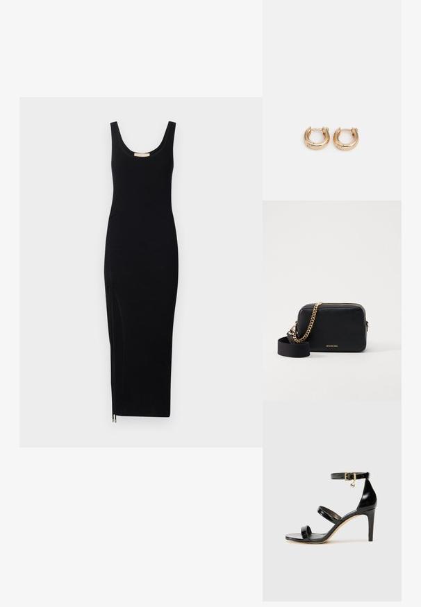 Čierne rebrované šaty na ramienka so zaobleným dekoltom a bočným zipsom; priliehavý strih, dĺžka po kolená, vyrobené z elastického materiálu.; Čierne lakované sandále s tromi pásikmi, spona na členku a 10 cm ihlovým podpätkom. Obsahujú zlaté detaily s hardwarem a logo prívesok.; Čierna kožená crossbody taška so zlatými reťazovými akcentmi, so zipsom na uzatvorenie a odnímateľným látkovým popruhom. Logo Michael Kors na prednej strane.; Zlaté kruhové náušnice s lešteným povrchom, so silným, obdĺžnikovým dizajnom a bezpečným uzatváracím mechanizmom. Hladký povrch a lesklý vzhľad.