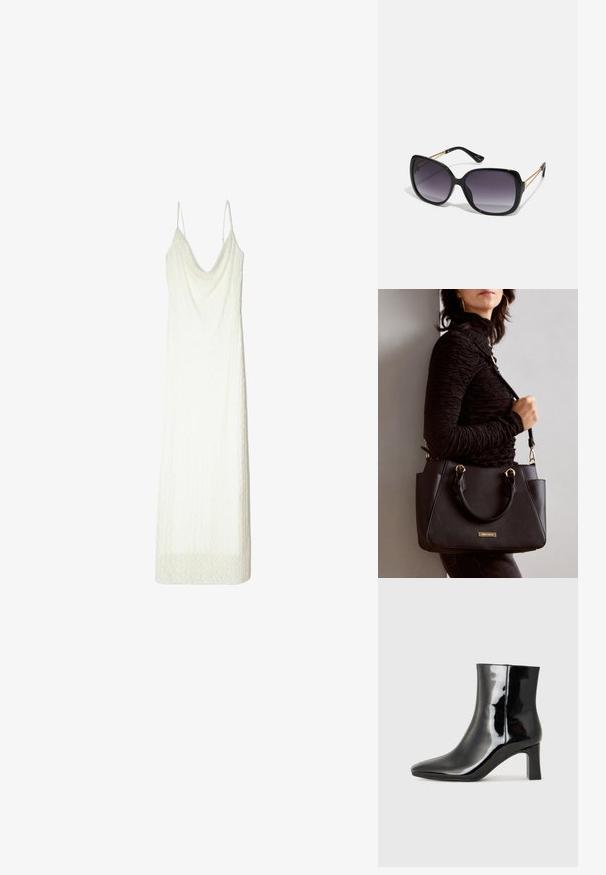 Biele šaty s tenkými ramienkami, ktoré majú drapované výstrih a textúrovanú látku. Lem má jemný vzor pripomínajúci čipku.; Čierne lakované členkové topánky s špicatou špičkou a stredne vysokým blokovým podpätkom. Hladká textúra a minimalistický dizajn.; Čierne oversized slnečné okuliare s gradientovými sklíčkami, hrubými rámami a zlatým retiazkovým detailom na stranách.; Čierna kabelka s textúrovaným povrchom, dvojitými hornými rúčkami a nastaviteľným ramenným popruhom. Obsahuje zlaté kovanie a bočné vrecká.