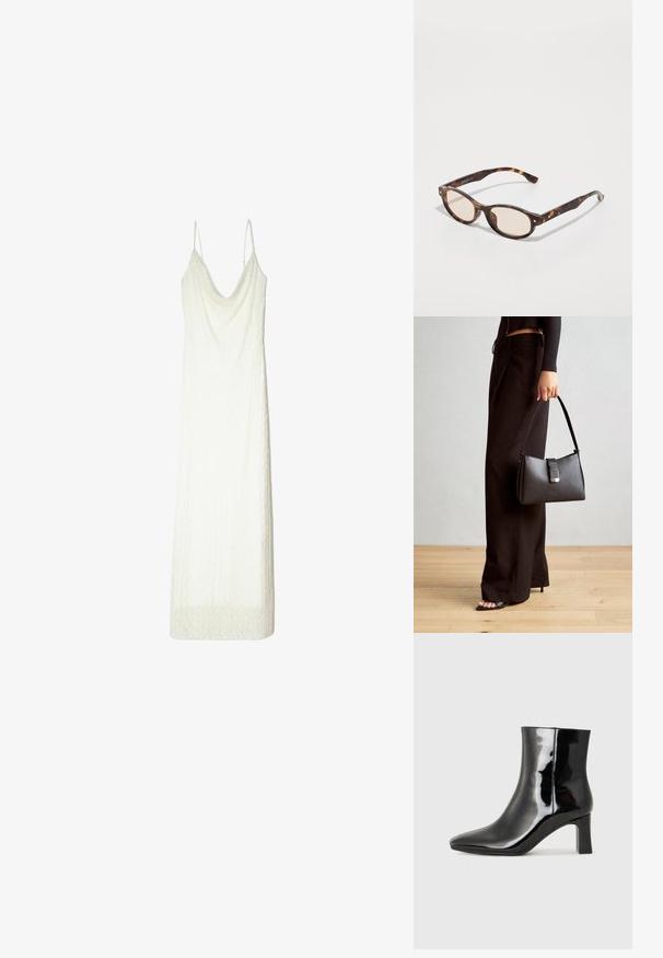Bílé šaty s tenkými ramínky, s volným výstřihem a strukturovanou tkaninou. Spodní lem má jemný krajkový vzor.; Černé lakované kotníkové boty s špičatou špičkou a středně vysokým blokovým podpatkem. Hladká textura a minimalistický design.; Sluneční brýle ve tvaru zakulacené skořápky s lehkými čočkami. Mají robustní nohy se zlacenými akcenty, vyrobené z plastového materiálu.; Černá kabelka se strukturovaným tvarem, hladkým povrchem a kovovým uzávěrem. Kombinována s širokými černými kalhotami a sandály s otevřenou špičkou na dřevěné podlaze.