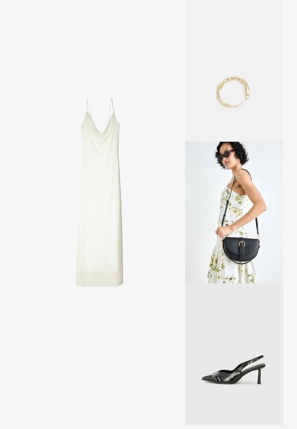Weißes Kleid mit dünnen Trägern, das über einen gerafften Rundhalsausschnitt und einen strukturierten Stoff verfügt. Der Saum hat ein dezentes Spitzenmuster.; Schwarzer Lackleder Slingback-Schuh mit spitzem Zehenbereich, Knöchelriemen mit silbernen Schnallen und Beschlägen sowie einem schlanken Absatz.; Schwarze Lederhandtasche mit geschwungener Form, abnehmbarem Tragegurt und goldenen Beschlägen. Die Tasche verfügt über einen Deckel mit einer Schnallen-Details.; Goldfarbener Ring mit einem organischen, gedrehten Design, glatter Oberfläche und sich verjüngenden Enden, was ein modernes, skulpturales Erscheinungsbild erzeugt.