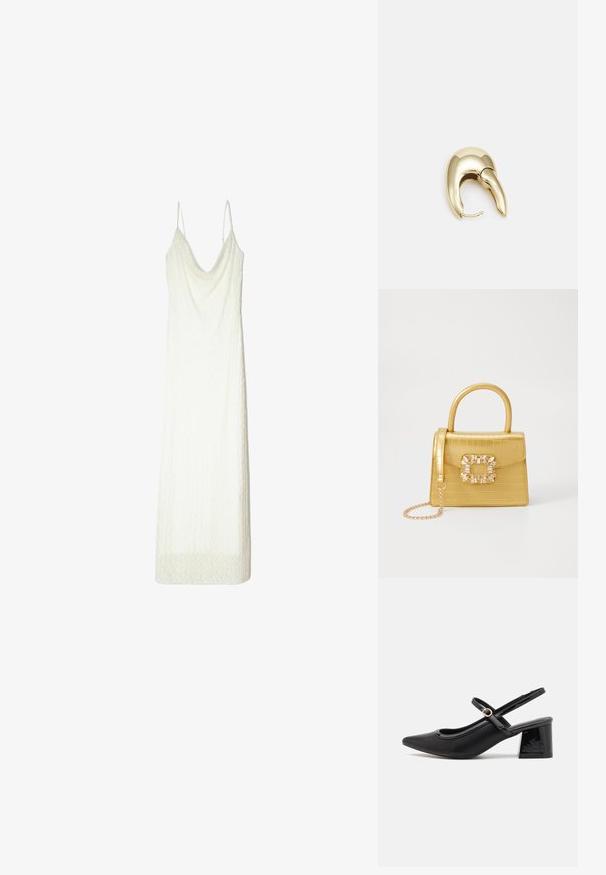 Biała sukienka na cienkich ramiączkach, z dekoltem w kształcie drapowania i teksturowanym materiałem. Rękaw wykończony subtelnym wzorem przypominającym koronkę.; Czarne lakierowane czółenka na słupku ze spiczastym noskiem, lekko zaokrąglonym wycięciem i obcasem w kształcie bloku. Posiadają złotą klamrę jako akcent dekoracyjny.; Żółta torebka z faux-krokodylka o wyrafinowanej konstrukcji, z górnym uchwytem, odpinanym łańcuszkiem oraz dekoracyjnym kryształowym zdobieniem na zapięciu.; Złote metalowe kolczyki o eleganckim, zakrzywionym kształcie. Posiadają charakterystyczny szpiczasty kształt, polerowaną powierzchnię oraz zapięcie na zawias.