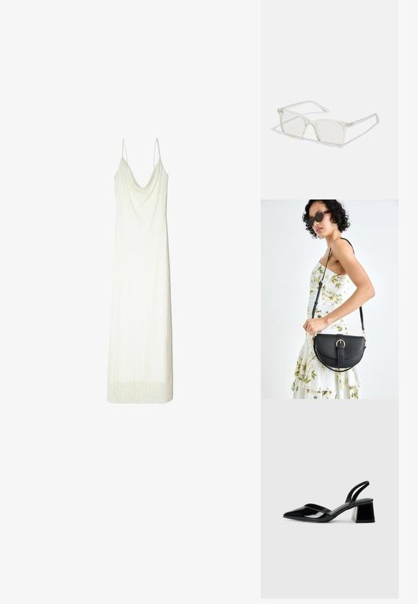 White dress with thin straps, featuring a draped neckline and textured fabric. The hem has a subtle lace-like pattern.; Black patent leather slingback heels with a pointed toe and a geometric block heel. Features a sleek, minimal design and smooth texture.; Clear plastic square-frame glasses with translucent lenses, featuring gold accents on the temples for added detail.; Black leather handbag with a curved shape, detachable strap, and gold hardware. The bag features a flap with a buckle detail.