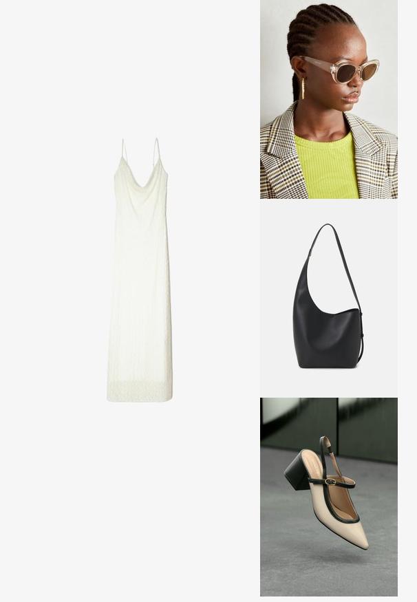 Rochie albă cu bretele subțiri, având un decolteu drapat și un material texturat. Marginea are un model subtil asemănător dantelei.; Pantof bej cu toc înalt, cu bareta în spate, vârf ascuțit, margini negre și detaliu cu cataramă. Material neted cu finisaj mat, toc bloc de înălțime medie.; Ochelari de soare stil cat-eye, cu lentile maro și rame transparente. Model purtând un top verde cu textură ribbed și un sacou în carouri. Cercei rotunzi din aur.; Geantă hobo din piele neagră, cu o textură netedă, formă curbată și un singur bretele ajustabil; are o deschidere largă în partea de sus.