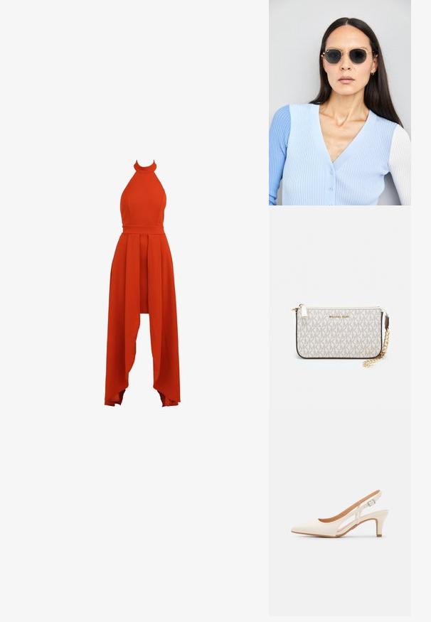 Raudona bevandtė suknelė su halterio apykakle, prigludusia liemeniu ir tekanti asimetriška sijonu, pagaminta iš lygaus, lengvo audinio.; Balti slingback kulniukai su smailiu pirštu, lygia viršutine medžiaga, žemu blokuotu kulnu ir šoniniu išpjovimu su reguliuojamu sagtimi.; Apskriti saulės akiniai su tamsiais objektyvais ir auksiniais rėmeliais. Modelis vilki šviesiai mėlyną, raukinį kardiganą su mygtukais ir kontrastingomis baltomis rankovėmis.; Michael Kors rankinė smėlio spalvos dengto kanvoje su pakartotiniu MK logotipo raštu, auksinėmis detalėmis ir nuimamu grandininiu dirželiu.