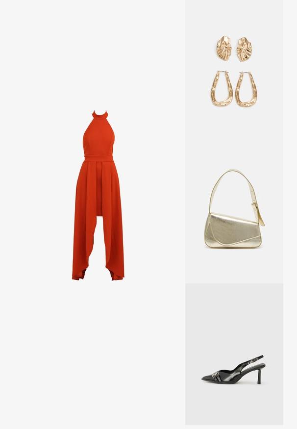 Červené bezrukávové šaty s halter golierom a priliehavým tielkom, s voľnou, asymetrickou sukňou, vyrobené z hladkej, ľahkej látky.; Čierne lakované kožené slingback topánky s špicatou špičkou, remienkami okolo členku s striebornými prackami a hardvérom, a štíhlým podpätkom.; Zlatá metalická kabelka so štruktúrovaným dizajnom, hladkou textúrou a nastaviteľným popruhom. Obsahuje jedinečný trojuholníkový tvar a minimalistické šitie.; Náušnice v zlatej farbe s textúrovanými, vlnitými tvarmi. Obsahujú sochárske klipsové náušnice a otvorený tvar krúžku s kladivkovým povrchom.