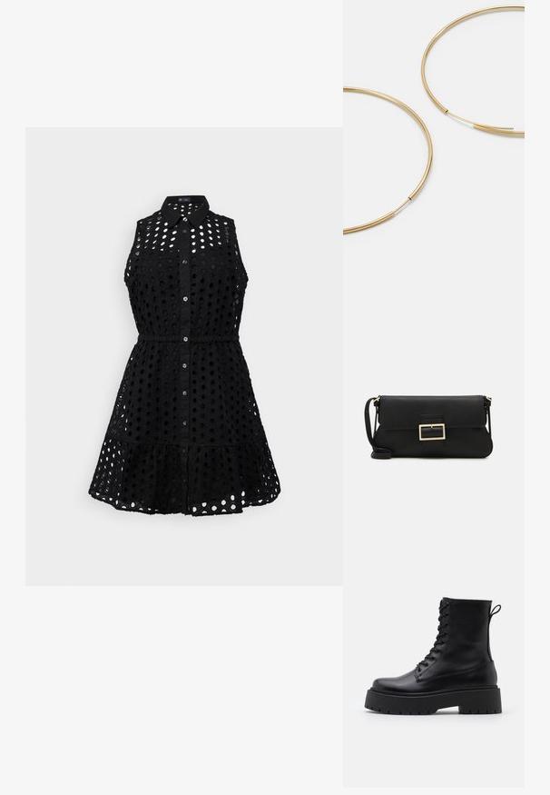 GAP EYELET MINI SHIRT DRESS - Dnevna obleka - black; Črne usnjene gležnjarje z okroglo konico, vezalnim sprednjim delom in debelim gumijastim podplatom z teksturiranim profilom. Zanka na hrbtni strani.; Črna usnjena torbica na preklop z zlato kovinsko zaponko. Vključuje črn trak in eleganten, minimalističen dizajn.; Zlate obroče ušesne uhane, tanke in krožne oblike, z gladko kovinsko površino brez okrasnih elementov ali vzorcev.