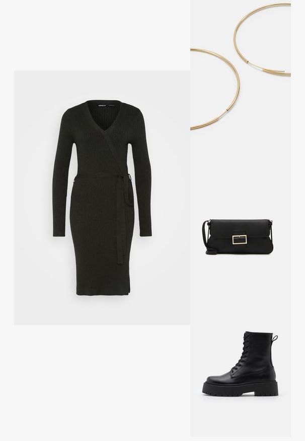 Abito a coste di maglia verde scuro con maniche lunghe, scollatura a V e cintura in vita. Presenta una silhouette aderente e una fessura laterale per facilitare i movimenti.; Stivaletti in pelle nera alla caviglia con punta rotonda, lace-up frontale e suola in gomma spessa con battistrada textured. Tassello sul retro.; Borsa a mano in pelle nera con patta e dettaglio in metallo dorato. Include una tracolla nera e un design elegante e minimalista.; Orecchini a cerchio color oro, sottili e rotondi, con una finitura metallica liscia e senza decorazioni o motivi.
