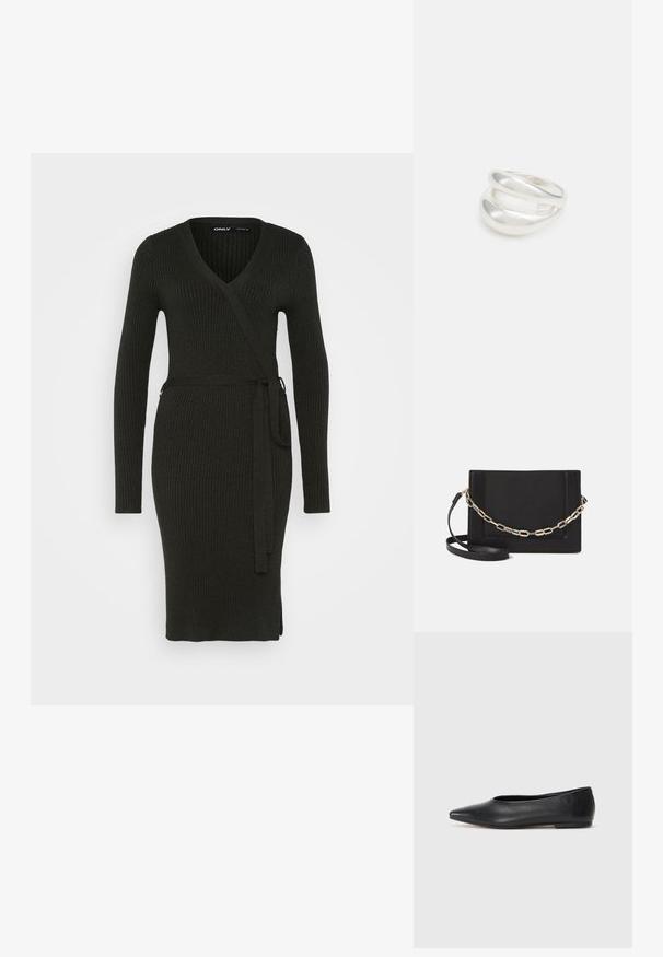 Tumši zaļš ribota trikotāžas kleita ar garām piedurknēm, V veida kakla izgriezumu un jostu ap vidukli. Iezīmēta ar pieguļošu siluetu un sānu šķēlumu, kas nodrošina ērtību kustībā.; Melna ādas baleta kurpe, ar norādītu purngalu, minimālisma dizains, gluda tekstūra, zema papēža augstums, bez redzamiem aksesuāriem vai rotājumiem.; Melna ādas crossbody soma ar gludu faktūru, taisnstūrveida formu un metalizētu ķēdes detaļu priekšā. Iekļauta regulējama siksna.; Sudraba divu joslu gredzens ar gludu, pulētu virsmu. Iezīmējas ar plūstošu, izliekta dizaina struktūru ar pārklājošām sekcijām modernam izskatam.