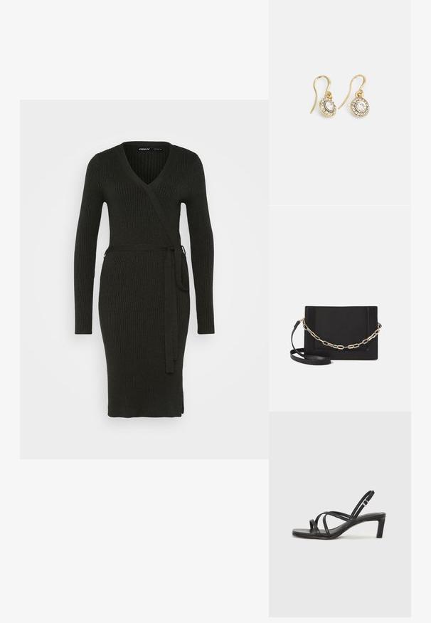 Tume roheline soonikkoes kleit pika varrukaga, V-kaelusega ja vöökohaga. Omab keha sobivat siluetti ja külgsuundi liikumise mugavuseks.; Mustast rihmajalatsid ruudukujulise varba ja madala ploki kontsaga. Omab mitmeid õhukesi rihmasid ja reguleeritavat pahkluu rihma. Valmistatud siledast nahast.; Mustast nahast õlakott, mis omab siledat tekstuuri, ristküliku kuju ning esiküljel metallketi detaili. Reguleeritav rihm on kaasas.; Kuldtooni kõrvarõngad ovalikujuliste selgete kristallidega, mille ümber on väiksemad selged kivid, ja kaarvormiga disain, et tagada kindel kandmine.