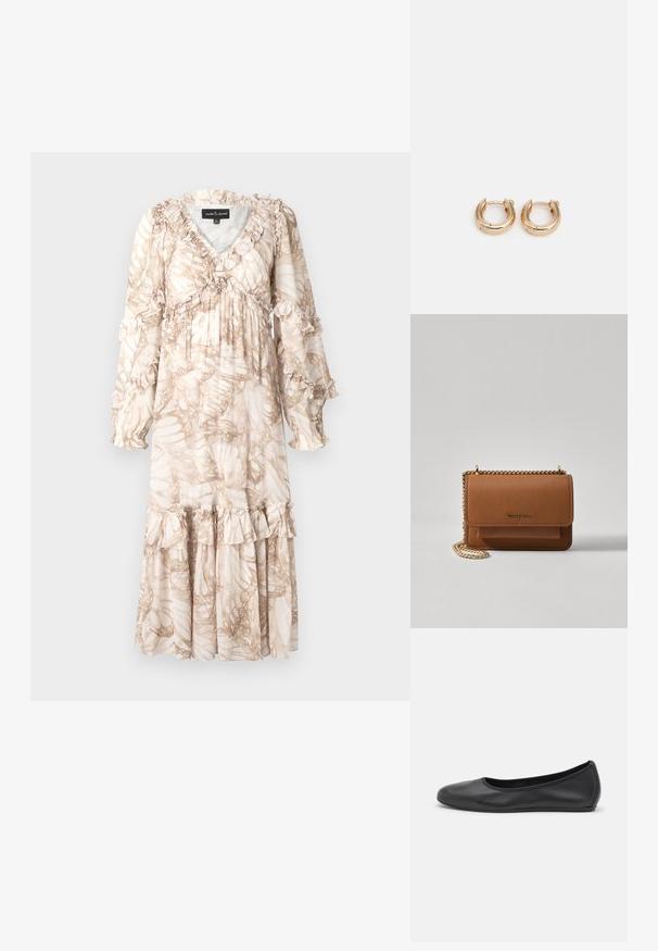 Langes, fließendes Kleid in hellem Beige mit einem blattähnlichen Muster. Verfügt über Rüschendetails an den Ärmeln und dem Saum. Hergestellt aus leichtem Stoff.; Schwarze Leder-Ballettschuhe mit abgerundeter Spitze, glatter Textur, minimalen Nähdetails und einem flexiblen Sohlen-Design.; Braune strukturierte Ledertasche mit goldener Kettenriemen und Klappenverschluss. Die Vorderseite zeigt ein Logo-Detail und eine Tasche unter der Klappe.; Goldene Creolen mit polierter Oberfläche, die ein dickes, rundes Design aufweisen und über einen sicheren Verschlussmechanismus verfügen. Glatte Textur und glänzendes Aussehen.