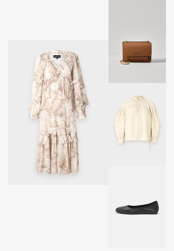 Dlouhá, splývavá šaty v jemné béžové barvě s lístkovým vzorem. Má volánkové detaily na rukávech a lemu. Vyrobeno z lehkého materiálu.; Hofmann Copenhagen SHARON - Blůza - oyster; Černé kožené baletní byty s kulatou špičkou, hladkou texturou, minimálními švy a flexibilním designem podrážky.; Hnědá texturovaná kožená kabelka přes rameno se zlatým řetízkovým popruhem a klopnovým uzavíráním. Přední strana obsahuje detail loga a kapsu pod klopou.