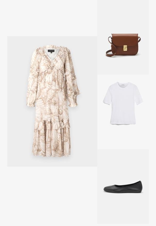 Langes, fließendes Kleid in hellem Beige mit einem blattähnlichen Muster. Verfügt über Rüschendetails an den Ärmeln und dem Saum. Hergestellt aus leichtem Stoff.; Weißes kurzärmliges T-Shirt aus geripptem Stoff. Runder Halsausschnitt, normale Passform und dezente Nähte. Keine Muster oder Grafiken.; Schwarze Leder-Ballettschuhe mit abgerundeter Spitze, glatter Textur, minimalen Nähdetails und einem flexiblen Sohlen-Design.; Braune Ledertasche mit Klappenverschluss, Beschlägen in Goldfarbe, einem Schultergurt und einer glatten Oberfläche. Kompakte rechteckige Form.