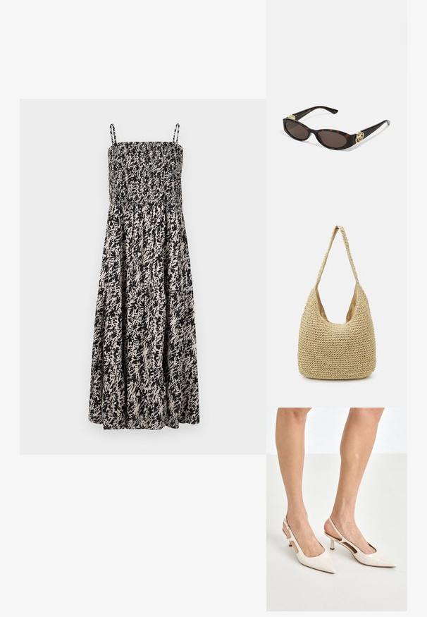 Mustapohjainen ja beige kesämekko, jossa on smokkibodice ja säädettävät spagettihihnat. Mekko on leikattu viistosti ja siinä on kukkakuosisia koristeita.; Beige patenttaja nahkaslingback-korkokengät, joissa on teräväkärkinen muotoilu ja 5 cm:n korko. Kenkäparissa on leikattuja reunoja ja ohut nilkkaremmi.; Silmärilakkiset tortoiseshell-aurinkolasit, joissa on pitkänomaiset ovaalit linssit, ruskea sävy, kultaiset logo-koristeet temppeleissä ja sulavalinjaiset mustat varret.; Kudontu olki laukku vaaleassa beigessä, jossa on kaareva olkahihna ja tilava, avoin muotoilu, joka omaa teksturoidun pinnan.