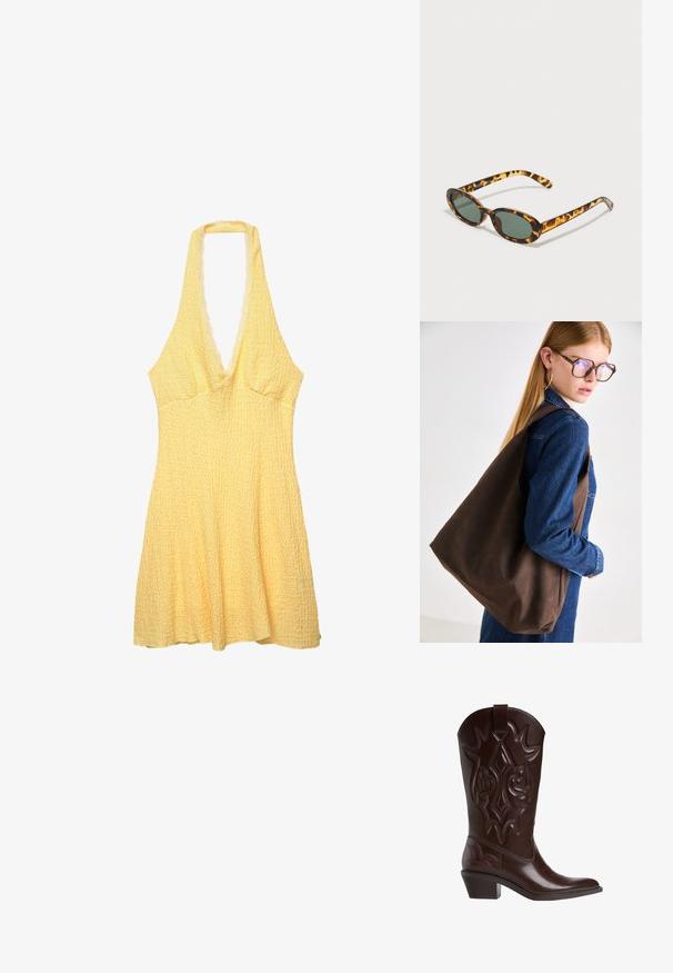 Žlté halterneck šaty s textúrovanou tkaninou. Hlboký výstrih do V, priliehavý korzet a rozšírená sukňa. Vlnitý okraj výstrihu.; Tmavohnedé kožené kovbojské čižmy so zdobným prešívaním, špicatou špičkou, stredne vysokým kopytom a pútkom na vrchu.; Slnkovo-škrupinové slnečné okuliare s oválnymi rámami, tmavozelenými sklami a štíhlymi ramienkami. Obsahujú subtilné logo na ramienku.; Hnedá kožená taška s mäkkou textúrou, ktorá sa vyznačuje priestranným dizajnom a jedným popruhom. Nosená s modrou denimsovou bundou.