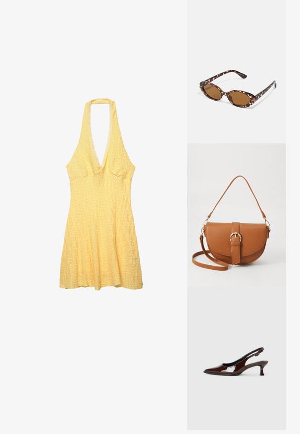 Sárga pánt nélküli ruha textúrált anyagból. Mély V-nyakú kialakítás, testhezálló bodice, és bő szoknya. Kerekített él a nyakvonalon.; Barna lakkbőr slingback cipő hegyes orral és mérsékelt sarkal. Biztonságos illeszkedést biztosító csattal rendelkezik. Sima textúra.; Teknősbéka mintás napszemüveg, ovális lencsékkel, barna árnyalatú, vékony karokkal, amelyek texturált mintával rendelkeznek, könnyű műanyag keret.; Barna bőr keresztbody táska ívelt formával, aranyszínű fémrészekkel és csat díszítéssel. Levehető vállpánttal rendelkezik.