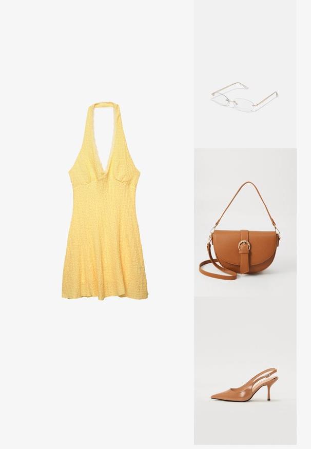 Rochie galbenă cu bretele, realizată dintr-un material texturat. Design cu decolteu adânc în V, corset mulat și fustă evazată. Margini ondulate la decolteu.; Pantofii cu toc slingback, cu vârful ascuțit, dintr-un material tan neted și strălucitor. Prezintă un design cu decupaj curbat și un toc subțire stil stiletto. Detaliu cu cataramă argintie.; Ochelari de metal aurii cu lentile ovale, brațe subțiri și suporturi nazale clare. Prezintă accente subtile la balamale și lentile transparente.; Geantă din piele maro, tip crossbody, cu o formă curbată, accesorii aurii și un accent cu cataramă. Dispune de un curea de umăr detașabilă.