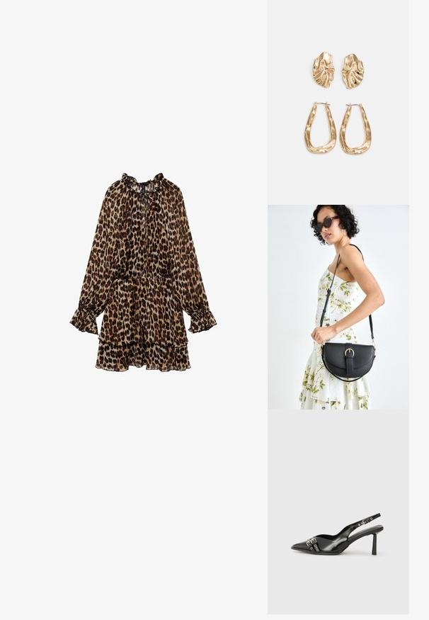 Rochie cu imprimeu de leopard, cu mâneci lungi, decolteu cu volane și tiv în straturi. Fabricată dintr-un material ușor, cu o croială lejeră și un luciu subtil.; Pantofii slingback din piele lăcuită neagră, cu vârf ascuțit, bretele pentru gleznă cu catarame și accesorii din argint, și un toc subțire.; Geantă din piele neagră, cu o formă curbată, curea detașabilă și accesorii aurii. Geanta are un capac cu un detaliu tip cataramă.; Cercei aurii cu forme texturate și ondulate. Include studs sculpturale cu clip și un design de cerc deschis cu un finisaj cioplit.