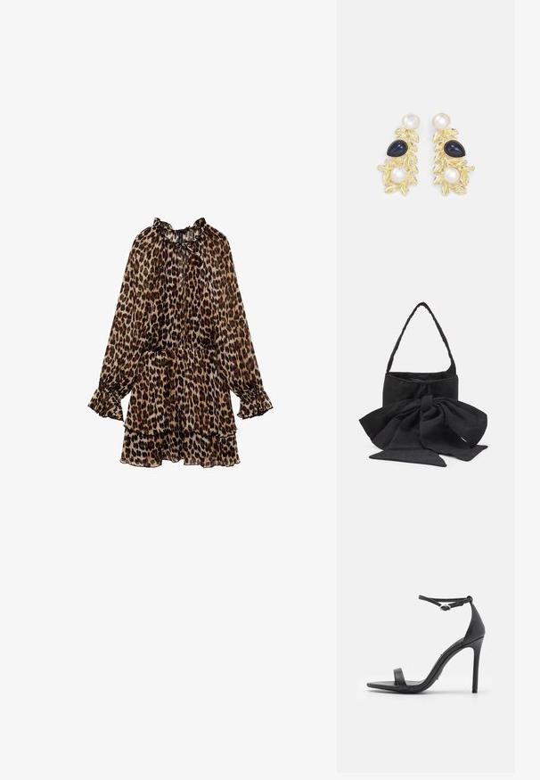 Obleka z leopardjim vzorcem z dolgimi rokavi, nabrano ovratnico in večplastnim robom. Narejena iz lahkotnega materiala, s sproščenim krojem in rahlim sijajem.; Črne sandale s peto, odprte spredaj, s tankimi trakovi in zaponko okoli gležnja. Gladka usnjena tekstura z obliko koničastega prsta.; Črna tkanina torbica z naglavno pentljo, okroglo obliko, teksturirano površino z majhnimi vzorci in eno tanko ročico.; Zlato-tonirane uhane v obliki lista, ki vsebujejo tri kamenčke: belo biserno kroglico, črn kamen in večjo belo biserno kroglico, z teksturiranimi listi.