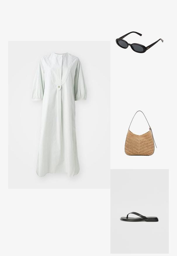 Randig klänning i ljusgrön och vit, med rund halsringning, korta puffärmar och en knappstängning på baksidan.; Svart flip-flop i mjukt läder, med en tunn remdesign och en platt sula med en minimalistisk profil. Inga anmärkningsvärda mönster eller detaljer.; Svarta överdimensionerade solglasögon med ovala linser, slät plastbåge och guldaccent på bågarna. Mörka linser ger solskydd.; Vävd halmaxelväska med en böjd form, utrustad med ett mörkt läderrem och en texturerad yta med ett chevronmönster.