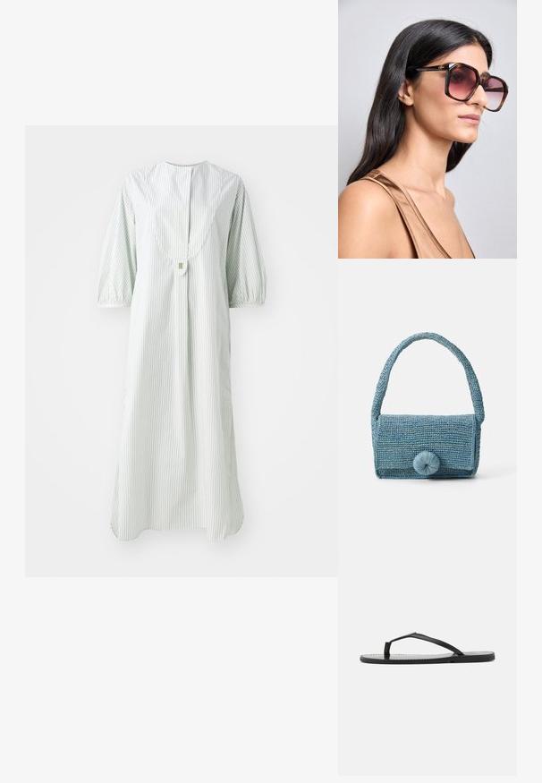 Stripet kjole i lys grønn og hvit, med rund hals, korte pufferm og knappelukking bak.; Svart flip-flop med minimalistisk design, som har tynne stropper og flat såle. Materialet ser ut til å være plast med en jevn tekstur.; Store store, firkantede solbriller med ramme i brun skilpadde med gradient rosa linser. Har en gullogo-akkent på tempelet.; Vevd blå håndveske med en teksturert overflate, rektangulær form, kort håndtak og en stor rund lukking foran.