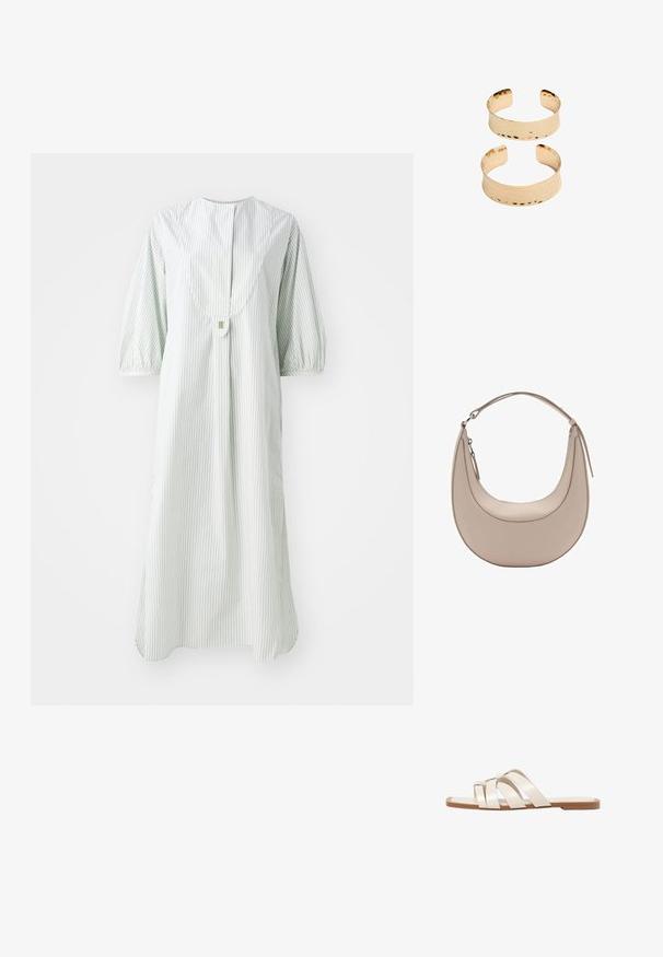 Prugasta haljina u svijetlozelenoj i bijeloj boji, s okruglim izrezom, kratkim puf rukavima i dugmetom na zatvaranju straga.; Ravne sandale s smeškom od gume, dizajnirane s tri preklapajuće bele kožne trake i malim detaljem mašne u sredini.; Bež kožna torba za rame u obliku polumjeseca, glatke teksture i s jednim zakrivljenim ručkom. Sadrži zatvor na zip i uredno šivenje.; Zlatno-tonirani metalni manšete s udarenom teksturom, sa otvorenim dizajnom i glatkim rubovima. Prikazane su dvije veličine: jedna šira, jedna uža.