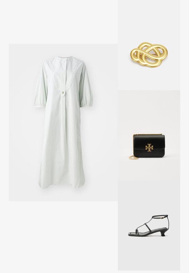 Striped dress in light green and white, featuring a round neckline, short puff sleeves, and a button closure at the back.; Black leather sandal with a square toe, thin straps, adjustable ankle strap, and a low heel. Features a small gold accent on the strap.; Black leather handbag with gold-tone chain strap and logo accent. Features a rectangular shape with a fold-over flap. Smooth texture.; Gold-tone brooch featuring a knotted design with smooth, curved lines and an intricate shape, reflecting a polished finish.