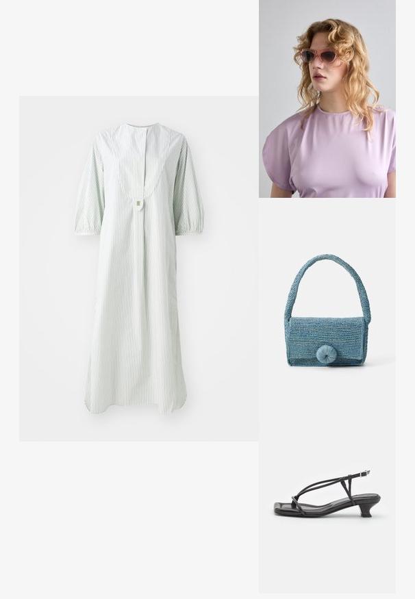 Striped dress in light green and white, featuring a round neckline, short puff sleeves, and a button closure at the back.; Black leather sandal with thin straps, low block heel, and square toe. Features a buckle closure and smooth texture.; Pink tinted sunglasses with a geometric frame, paired with a soft lavender top featuring a round neckline and cap sleeves.; Woven blue handbag with a textured surface, rectangular shape, short handle, and a large round closure detail on the front.