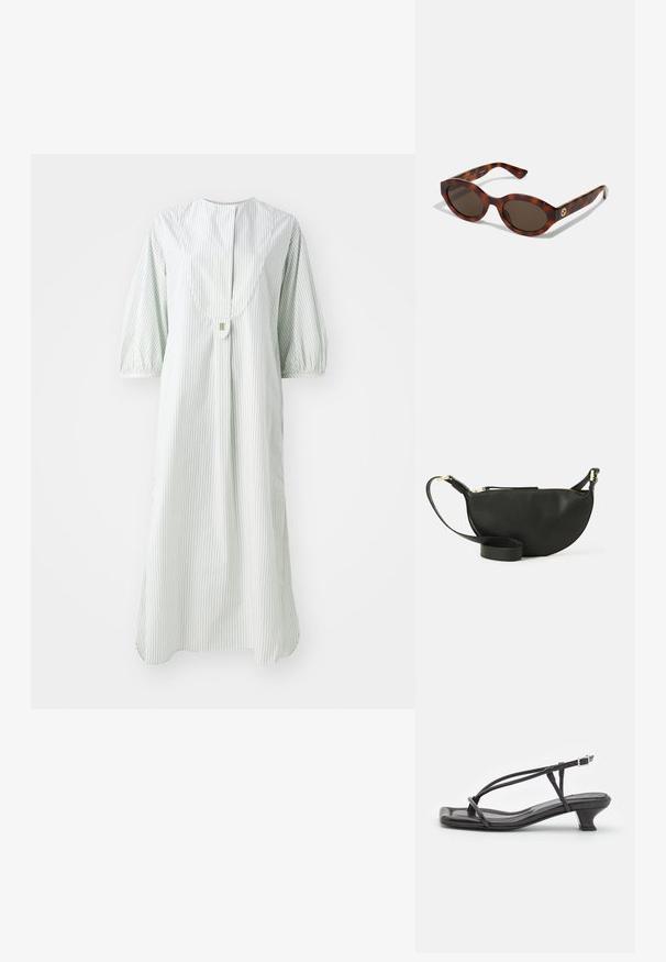 Robe rayée en vert clair et blanc, dotée d'un col rond, de courtes manches bouffantes et d'une fermeture à boutons dans le dos.; Sandal en cuir noir avec des fines lanières, un petit talon carré et un bout carré. Dispose d'une fermeture à boucle et d'une texture lisse.; Lunettes de soleil en écaille de tortue avec des montures rondes, des verres foncés et des détails en or sur les branches. Matériau en plastique lisse, sans motifs visibles.; Sac bandoulière en cuir noir de forme demi-lune, surface texturée, fermeture éclair dorée et bandoulière plate. Design compact adapté pour les essentiels.