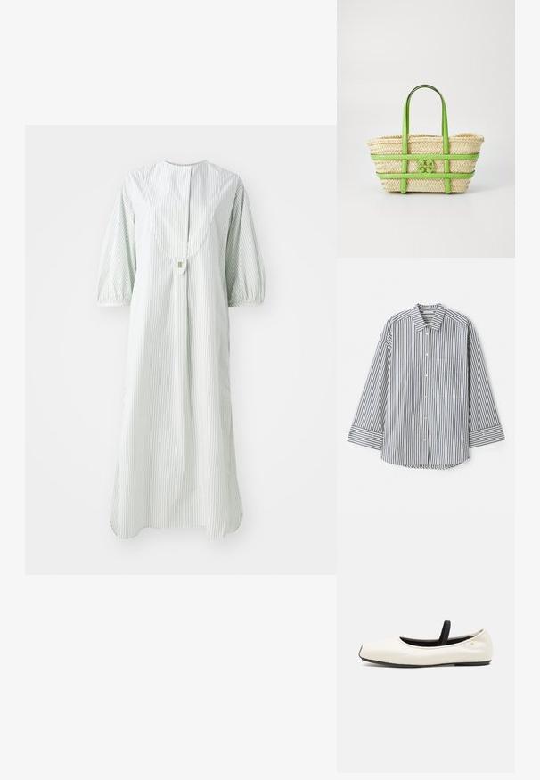 Stripet kjole i lys grøn og hvid, med rund udskæring, korte puffærmer og en knaplukning på ryggen.; Skjorte med knapper i blå og hvide striber. Har en klassisk krave, lange ærmer, en brystlomme og knapmanchetter.; Flade ballet sko i hvid læder med rund tå, sort elastisk rem og lille gul emblem nær hælen. Blød tekstur og minimalistisk design.; Stråtaske med grønne læderdetaljer, der har en flettet overflade, dobbelte håndtag og et fremtrædende logo på forsiden.