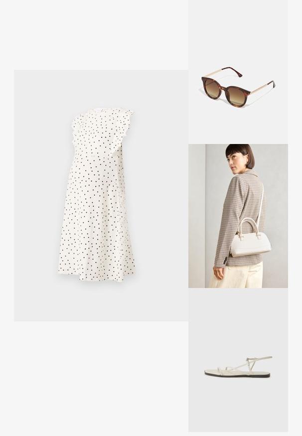 Rochie cu buline, confecționată dintr-un material ușor, cu o textură ribbată, guler rotund și mâneci scurte volanate în alb și negru.; Sandalie plate bej cu multiple bretele subțiri și o cataramă ajustabilă. Talpa este plată, cu un ușor contrast întunecat la margine.; Ochelari de soare din material țestoasă cu lentile degrade maro, formă rotundă și accente metalice aurii pe brate.; Geantă structurată albă, cu mânere scurte și curea de umăr, având accente din metal aurit și material texturat, expusă pe un fundal gri.