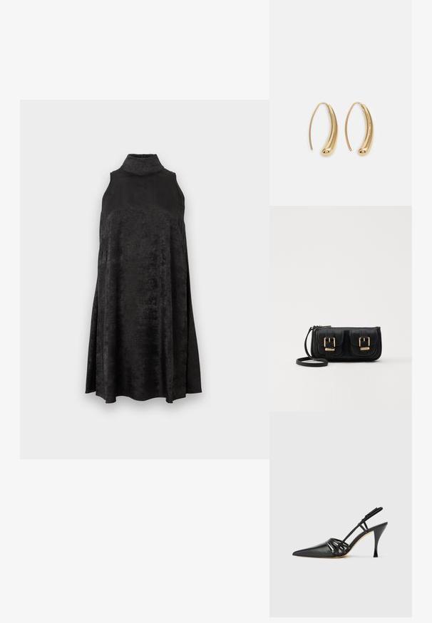 Robe sans manches en velours noir avec un col haut et une silhouette évasée, sur fond blanc uni.; Chaussure à talon aiguille noire en cuir, avec bout pointu, design de brides entrecroisées et talon aiguille fin. Texture lisse et accents minimaux.; Sac en cuir noir porté en travers avec deux poches avant, boucles dorées, fermeture zippée et une sangle fine. Surface texturée et forme rectangulaire compacte.; Boucles d'oreilles en métal doré en forme d'anneau, avec une forme courbée et allongée. Elles présentent une surface lisse et brillante avec une pointe arrondie pour un détail supplémentaire.
