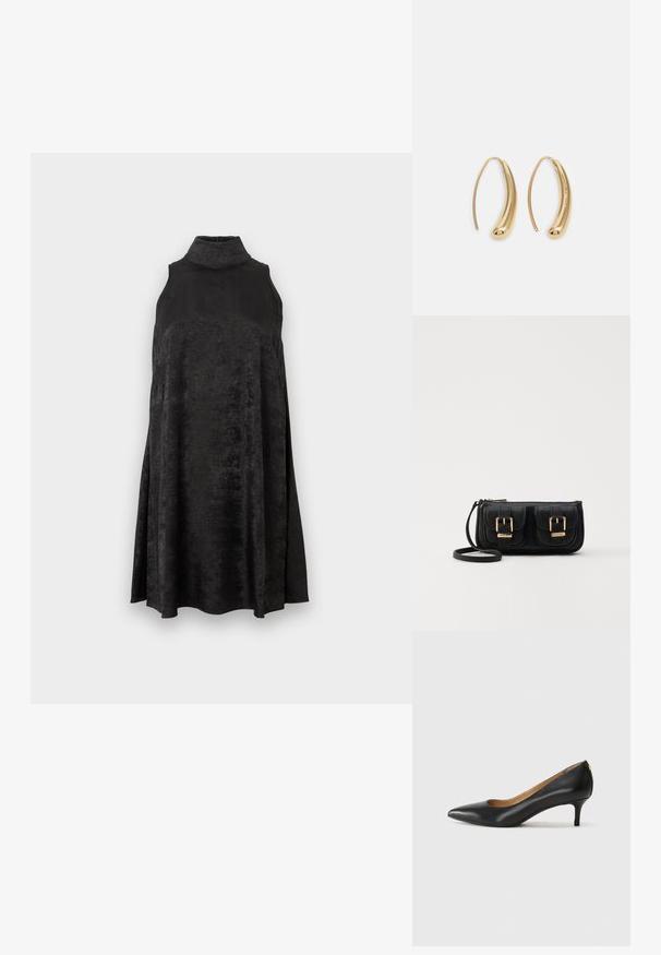 Robe sans manches en velours noir avec un col haut et une silhouette évasée, sur fond blanc uni.; Pompe noire en cuir avec un embout pointu, un petit talon et une texture lisse. Présente une légère ouverture à l'avant et un matériel minimal à l'arrière.; Sac en cuir noir porté en travers avec deux poches avant, boucles dorées, fermeture zippée et une sangle fine. Surface texturée et forme rectangulaire compacte.; Boucles d'oreilles en métal doré en forme d'anneau, avec une forme courbée et allongée. Elles présentent une surface lisse et brillante avec une pointe arrondie pour un détail supplémentaire.