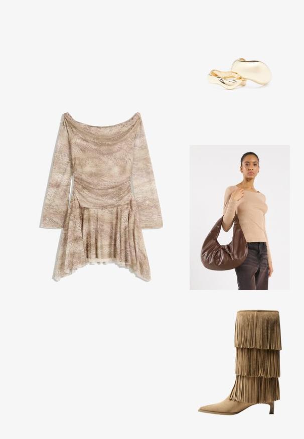 Long-sleeve dress in beige snake print, featuring a draped neckline, fitted bodice, and flared skirt with asymmetrical hem. Soft, textured fabric.; Fringe ankle boot in tan suede with three layered fringes. Pointed toe and a low block heel. Smooth texture throughout.; Brown leather hobo bag with a slouchy design and smooth texture. Worn casually by a model, featuring a large opening and rounded shape.; Gold-colored earrings with an organic, bean-like shape and smooth, reflective surface; features a minimalist design with no visible hardware.