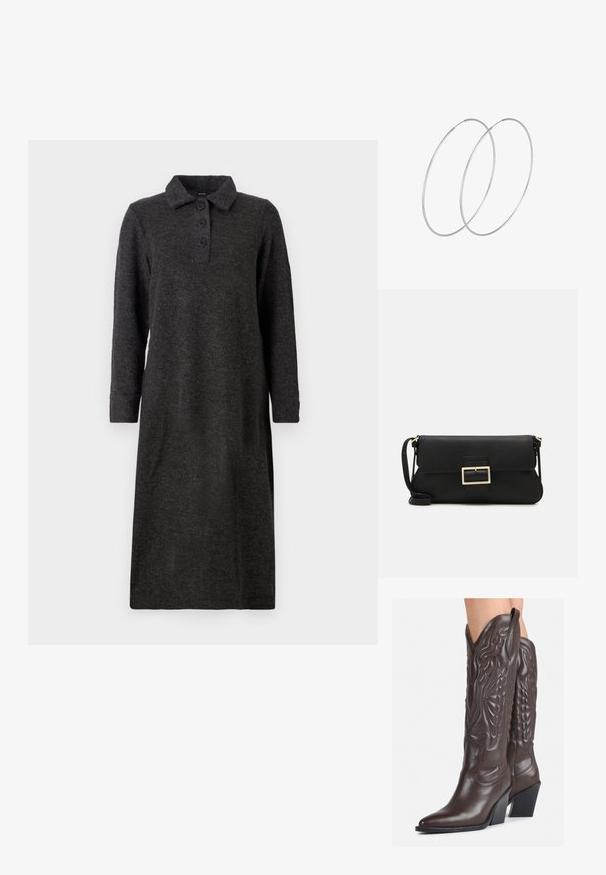Tmavě šedé pletené šaty s límečkem, dlouhými rukávy a třemi knoflíky vpředu; sahají k polovině lýtek, mají rovný střih a jemnou texturu.; Hnědé kožené kovbojské boty s špičatou špičkou a blokovým podpatkem, se zdobným prošíváním a vyvýšenými akcenty na nárazu.; Černá kožená psaníčko s klopou a zlatým kovovým detailním sponou. Součástí je černý popruh a elegantní, minimalistický design.; Stříbrné kruhové náušnice s minimalistickým designem. Kruh, hladký povrch a tenký profil. Lehká konstrukce s lesklým povrchem.