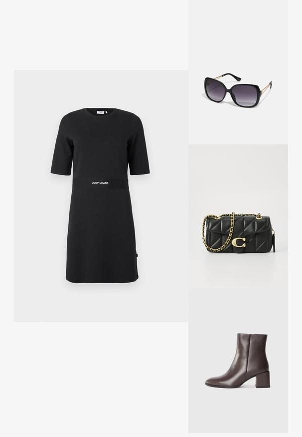 Čierne krátke šaty s krátkym rukávom po kolená, s okrúhlym výstrihom a potlačou loga "JOOP! JEANS" na páse.; Hnedá kožená členková obuv s elegantným dizajnom, špicatou špičkou a štvorcovou blokovou pätou. Hladká textúra a minimalistická silueta.; Čierne oversized slnečné okuliare s gradientovými sklíčkami, hrubými rámami a zlatým retiazkovým detailom na stranách.; Čierna lesklá kožená kabelka s prešívaním, so zlatým reťazovým popruhom a uzáverom na klip s okrúhlou ozdobou. Kompaktný obdĺžnikový tvar.