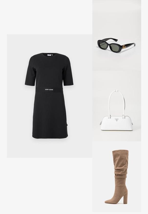 Zwarte korte mouw jurk tot op de knie met ronde halslijn en "JOOP! JEANS" logo gedrukt op de tailleband.; Anna Field Laarzen - beige; Zwarte plastic zonnebril met groene lenzen, met een ovale vorm en gouden logo detail op de veren. Gladde textuur en glanzende afwerking.; Witte leren handtas met een gebogen vorm, voorzien van een zilveren driehoekig logo en ritssluiting. Gladde textuur en dubbele handvaten.