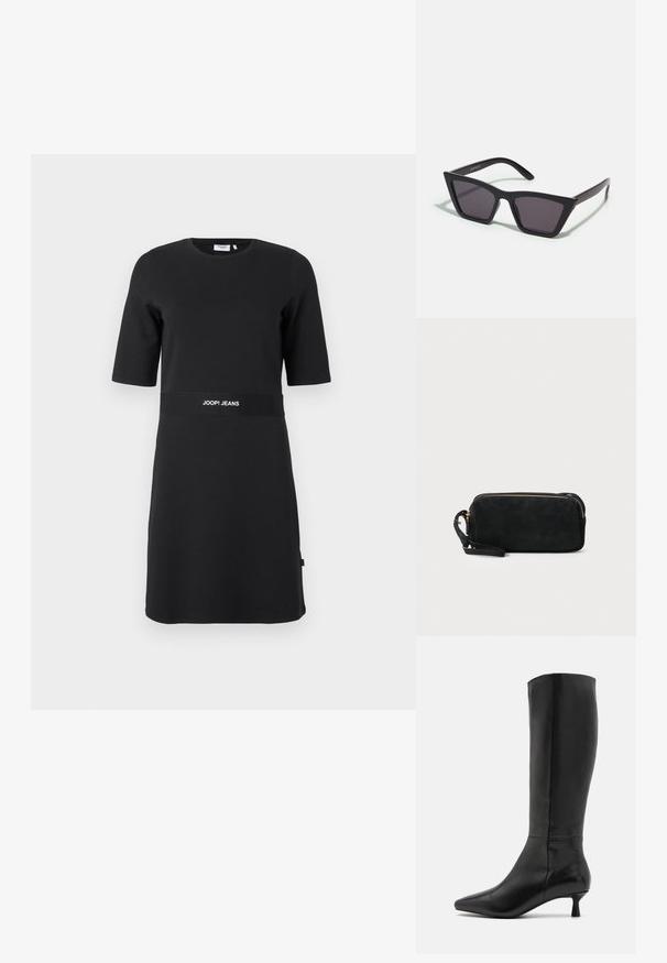 Czarna sukienka o krótkich rękawach sięgająca kolan, z okrągłym dekoltem i nadrukowanym logo "JOOP! JEANS" na pasku w talii.; Zign - Kozaki; Czarne, kanciaste okulary przeciwsłoneczne z szarymi soczewkami; wykonane z plastiku, z grubymi zausznikami o gładkiej powierzchni i bez widocznych elementów metalowych.; Czarna zamszowa kopertówka z zapięciem na zamek i odpinanym paskiem na nadgarstek. Wyposażona w elementy w kolorze złotym oraz gładką, matową fakturę.
