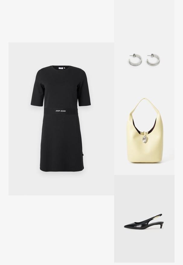 Černé šaty s krátkými rukávy do kolen s kulatým výstřihem a logem "JOOP! JEANS" tištěným na pásku v pase.; Černé kožené boty na podpatku s otevřenou patou a špičatou špičkou, s tenkým podpatkem a zlatým akcentem na nastavitelném pásku. Hladký povrch.; Hobo taška ve světlé žluté kůži s zaobleným tvarem. Vyznačuje se hladkým povrchem, tmavým vnitřním podšíváním a stříbrným akcentem na uzávěru.; Stříbrné kruhové náušnice s hladkým povrchem a řadou malých průhledných kamínků podél spodního okraje, s uzávěrem na kolíček.