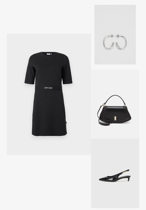Musta lyhythihainen polvipituinen mekko, jossa on pyöreä pääntie ja "JOOP! JEANS" -logo vyötärönauhassa.; Mustat nahkaiset slingback-korkokengät, joissa on terävä kärki, ohuet korot ja kultasävytteinen yksityiskohta säädettävässä hihnassa. Silkkinen pinta.; Mustalla nahkalaukulla, jossa on jämäkkä muotoilu, lyhyt malli, yläkahva ja kultaiset yksityiskohdat. Säädettävä olkahihna sisältyy.; Hopehopeet hopehopeet hopehopeet hopehopeet, jolla on sileä, kiiltävä pinta. Pyöreä muoto, kevyt rakenne, jossa on neulakiinnitys.